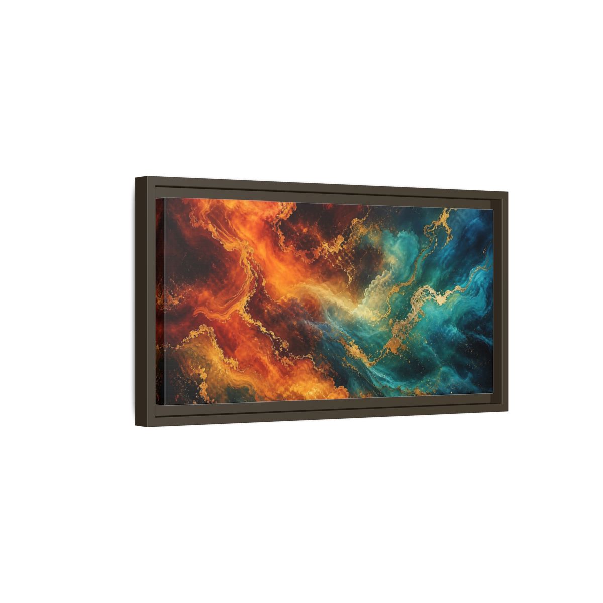 Side Mockup 7. Abstract Abstract Fluid Orange Teal Gold shown as stretched canvas wall art