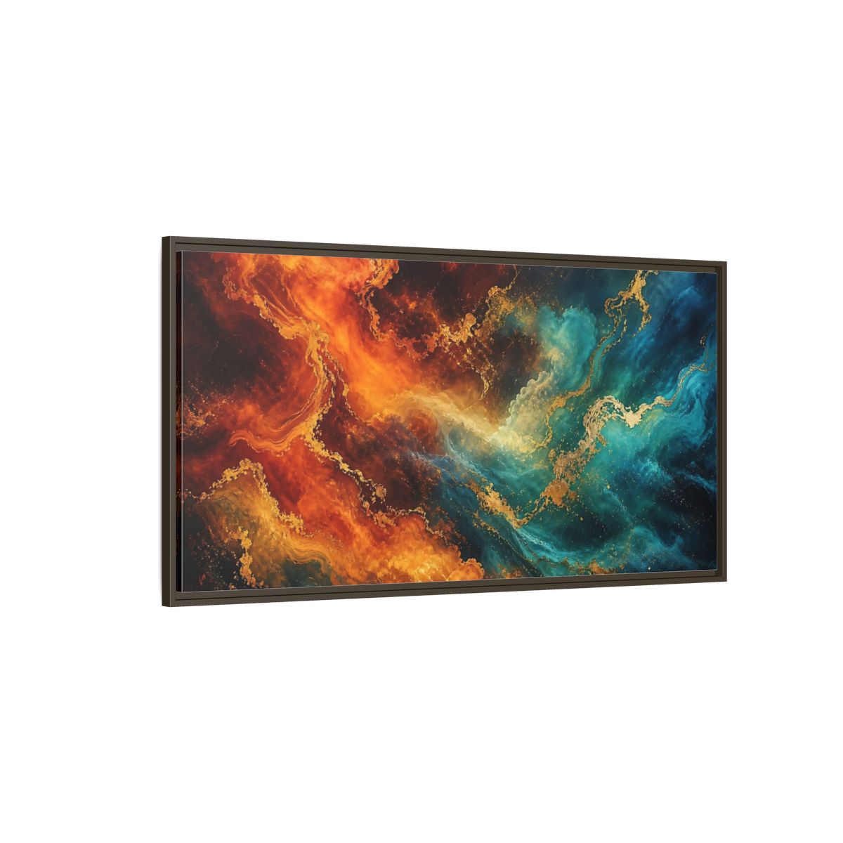 Side Mockup 4. Abstract Abstract Fluid Orange Teal Gold shown as stretched canvas wall art