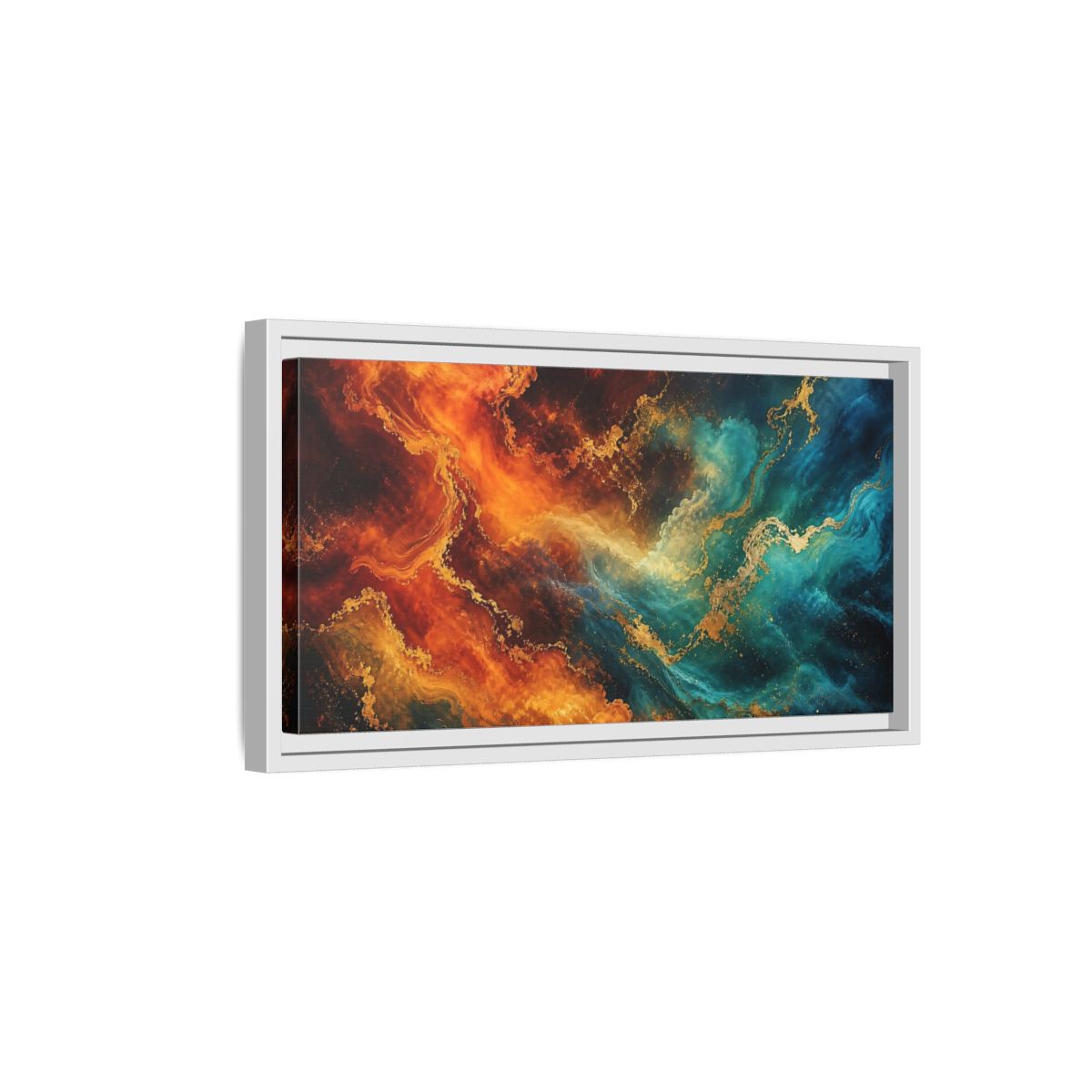 Side Mockup 6. Abstract Abstract Fluid Orange Teal Gold shown as stretched canvas wall art