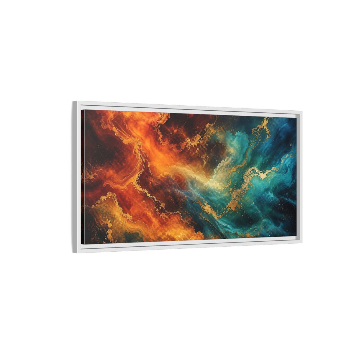 Side Mockup 1. Abstract Abstract Fluid Orange Teal Gold shown as stretched canvas wall art