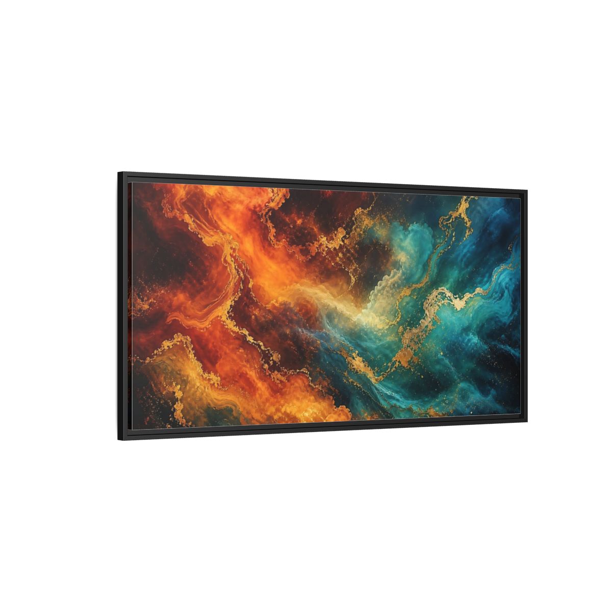 Side Mockup 5. Abstract Abstract Fluid Orange Teal Gold shown as stretched canvas wall art