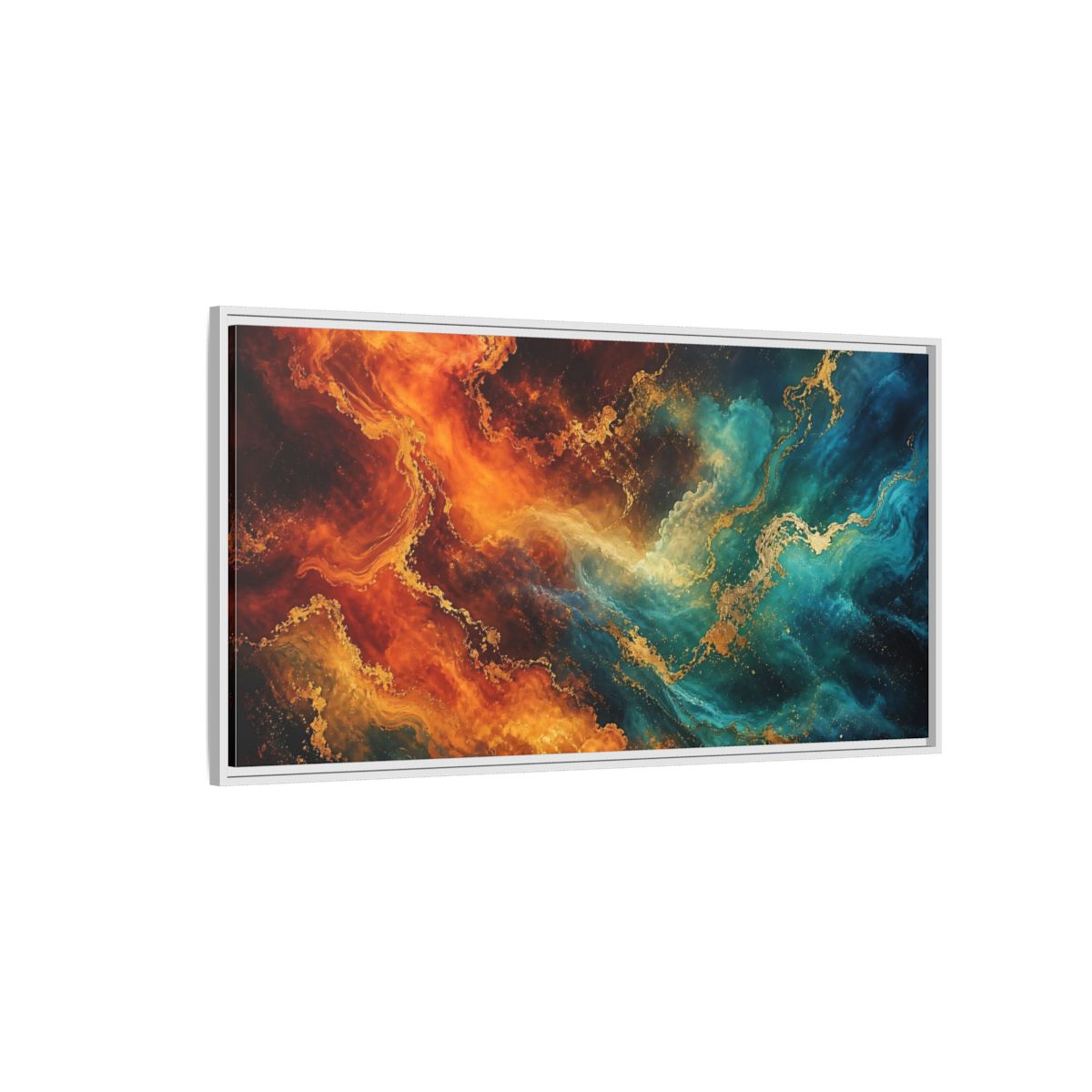 Side Mockup 3. Abstract Abstract Fluid Orange Teal Gold shown as stretched canvas wall art