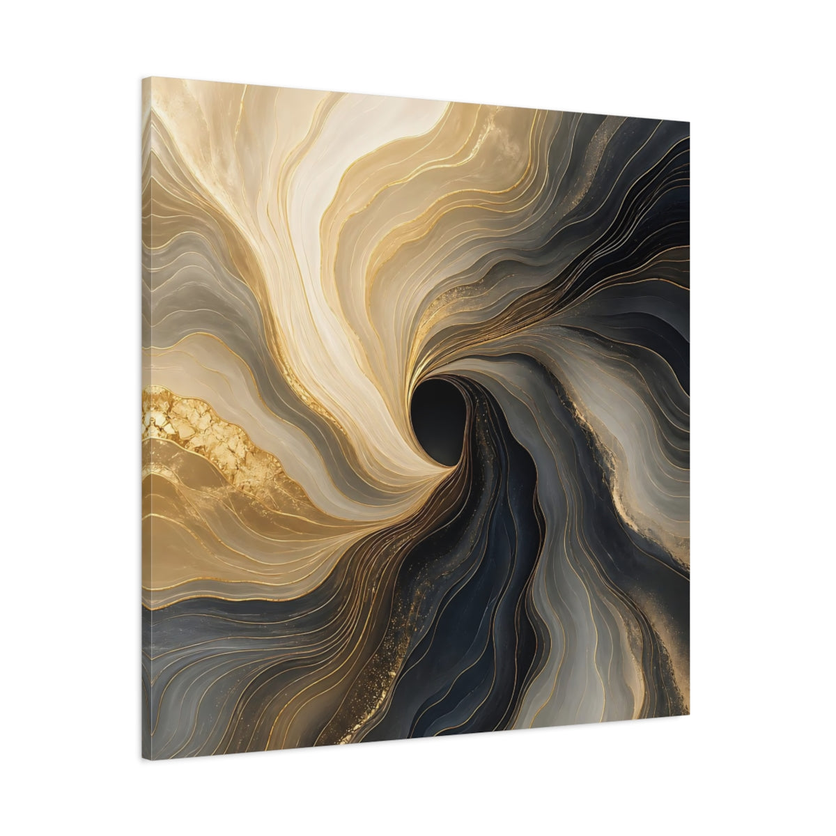Side Mockup 1. Abstract Fluid Swirl Gold Black Swirl shown as stretched canvas wall art