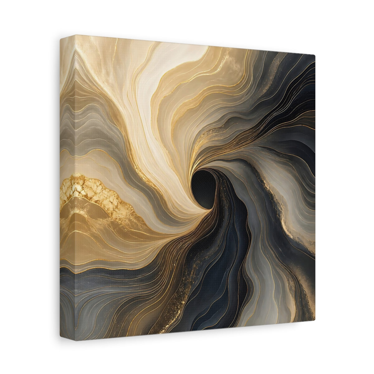 Side Mockup 9. Abstract Fluid Swirl Gold Black Swirl shown as stretched canvas wall art