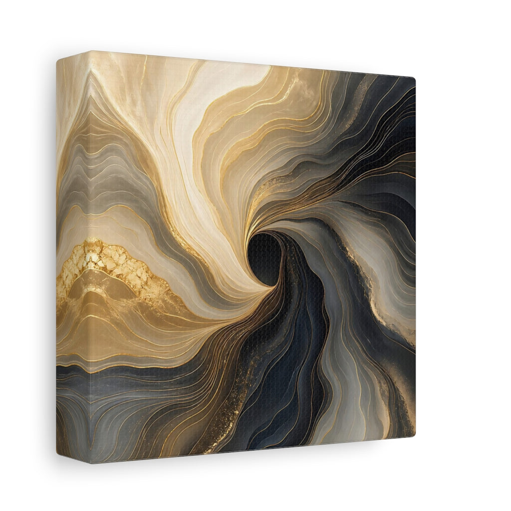 Side Mockup 2. Abstract Fluid Swirl Gold Black Swirl shown as stretched canvas wall art