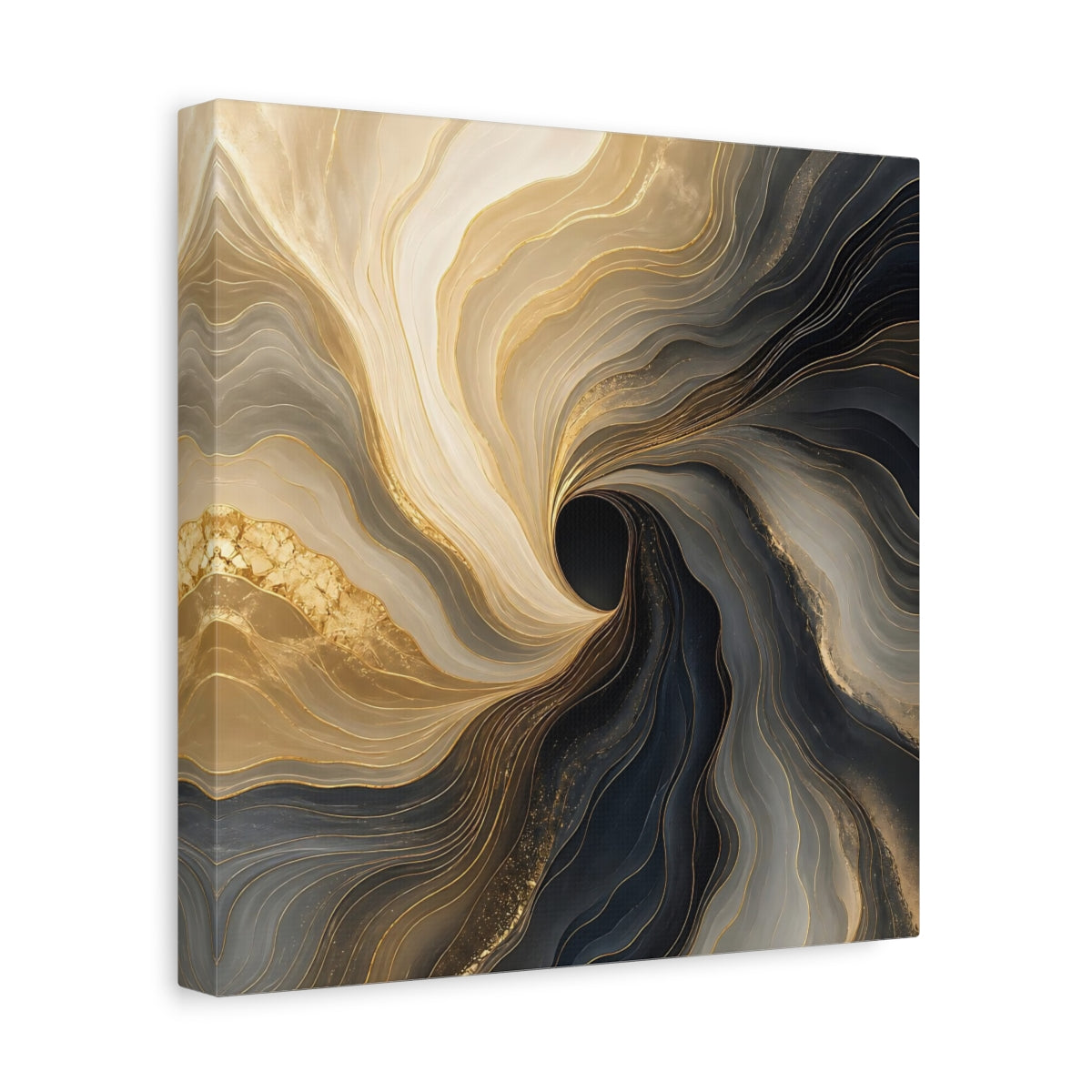 Side Mockup 8. Abstract Fluid Swirl Gold Black Swirl shown as stretched canvas wall art