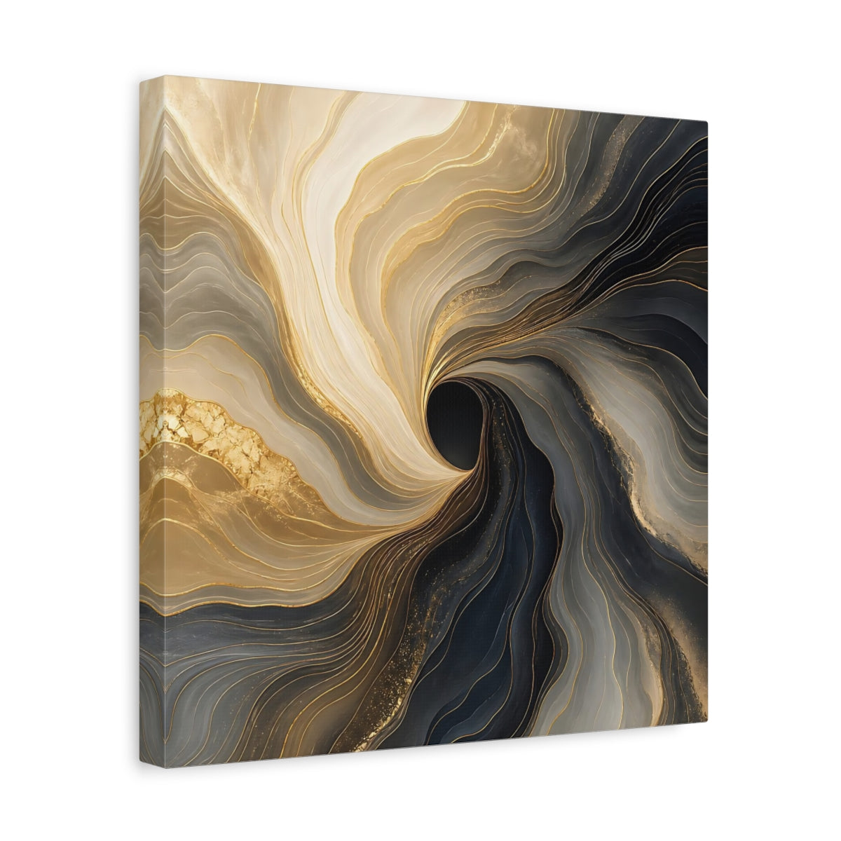 Side Mockup 7. Abstract Fluid Swirl Gold Black Swirl shown as stretched canvas wall art