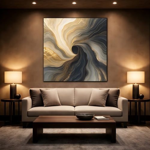 Mockup 2. Abstract Fluid Swirl Gold Black Swirl shown as stretched canvas wall art