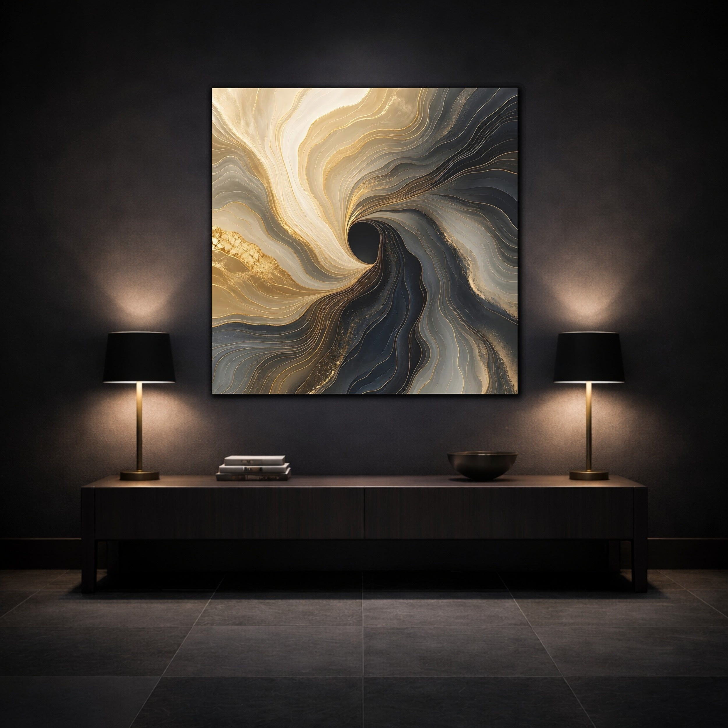 Mockup 3. Abstract Fluid Swirl Gold Black Swirl shown as stretched canvas wall art