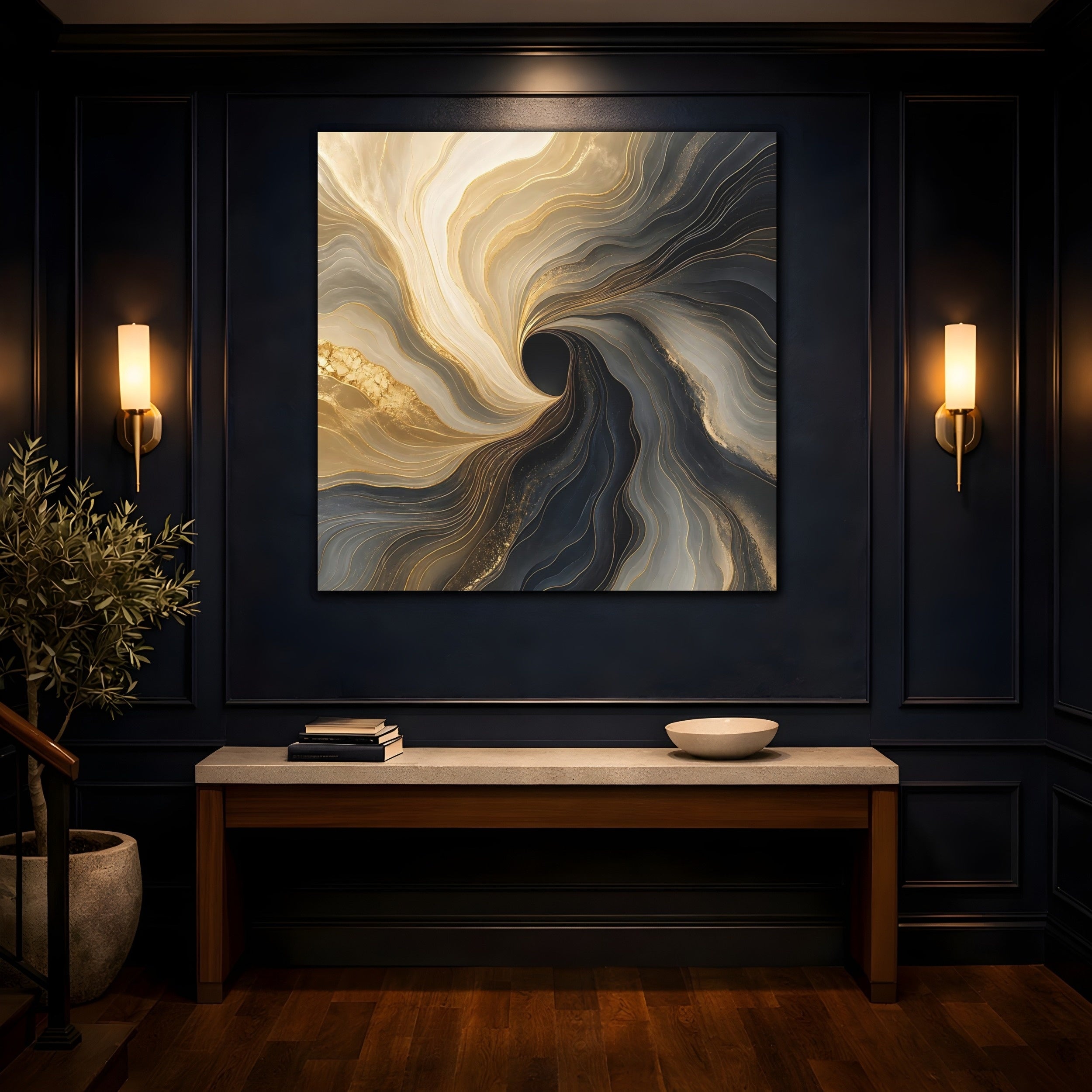 Mockup 4. Abstract Fluid Swirl Gold Black Swirl shown as stretched canvas wall art