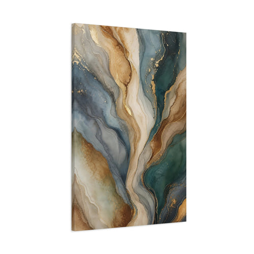 Main Mockup. Abstract Fluid Waves Teal Gold Abstract shown as stretched canvas wall art