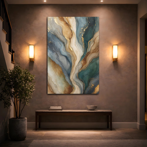 Mockup 2. Abstract Fluid Waves Teal Gold Abstract shown as stretched canvas wall art