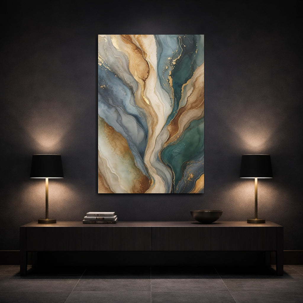 Mockup 3. Abstract Fluid Waves Teal Gold Abstract shown as stretched canvas wall art