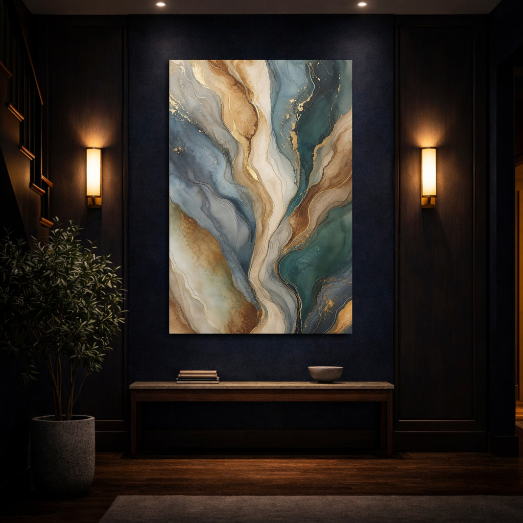 Mockup 4. Abstract Fluid Waves Teal Gold Abstract shown as stretched canvas wall art