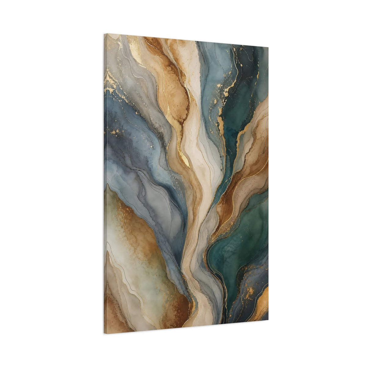 Side Mockup 1. Abstract Fluid Waves Teal Gold Abstract shown as stretched canvas wall art
