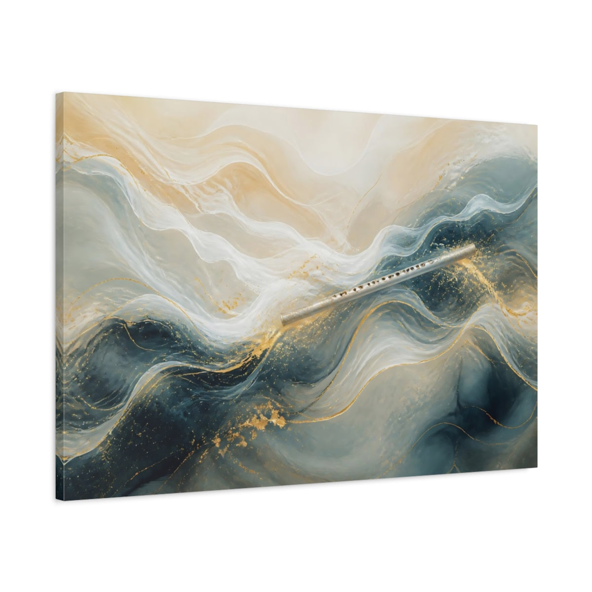 Main Mockup. Abstract Flute Blue And Gold shown as stretched canvas wall art