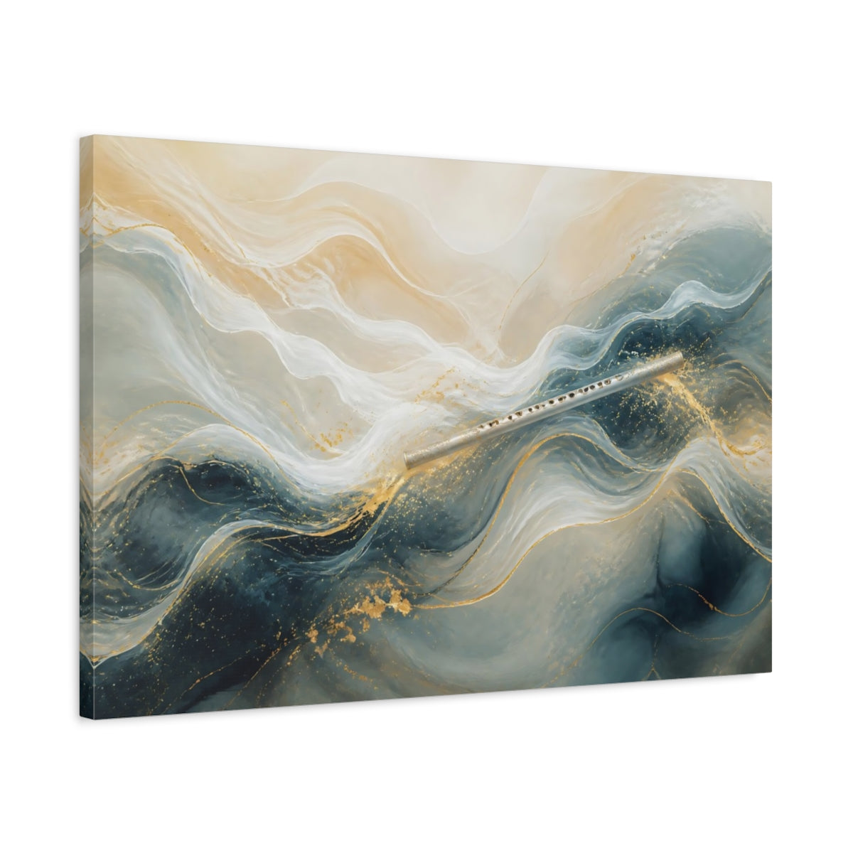 Side Mockup 2. Abstract Flute Blue And Gold shown as stretched canvas wall art