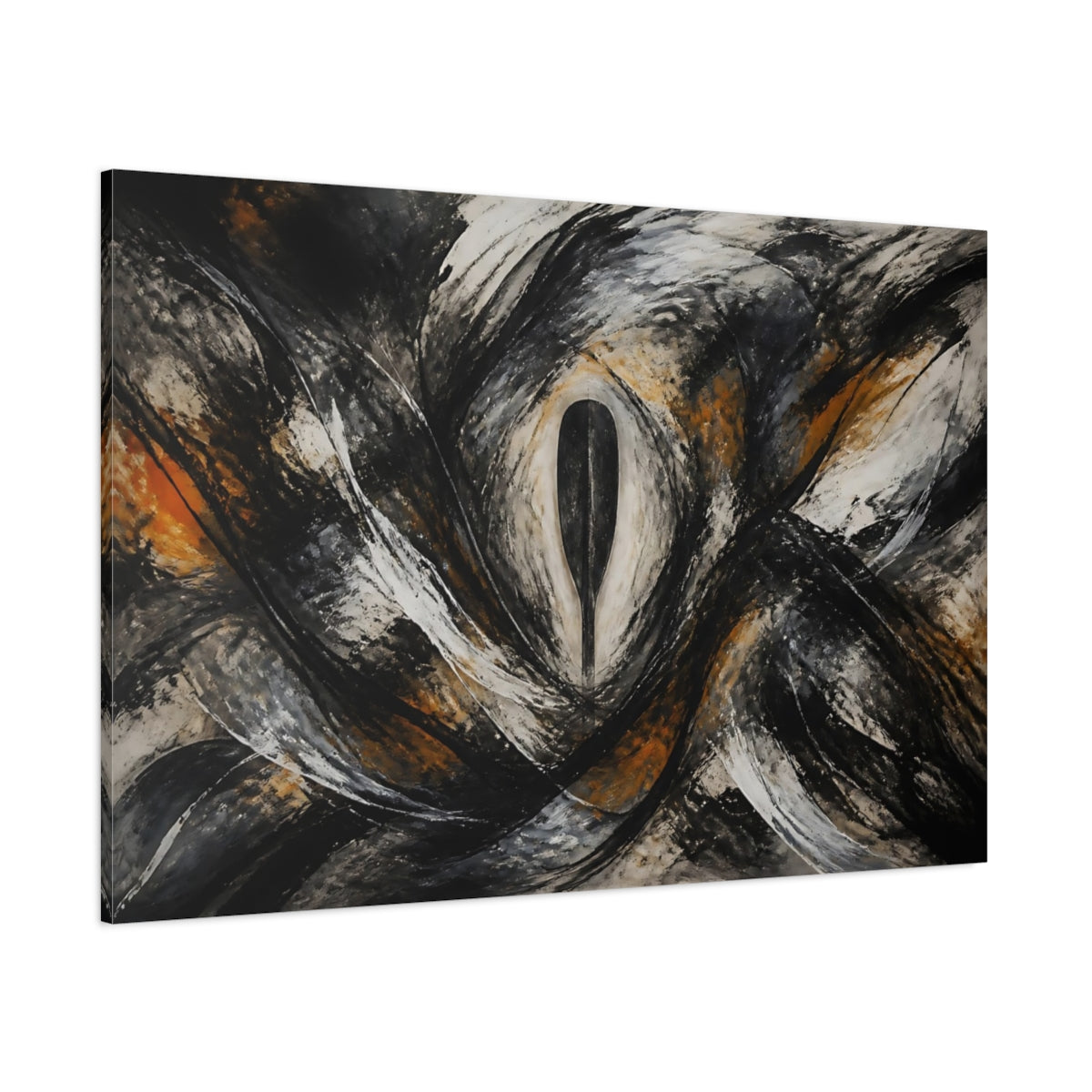 Side Mockup 1. Abstract Abstract Form Black White Orange shown as stretched canvas wall art