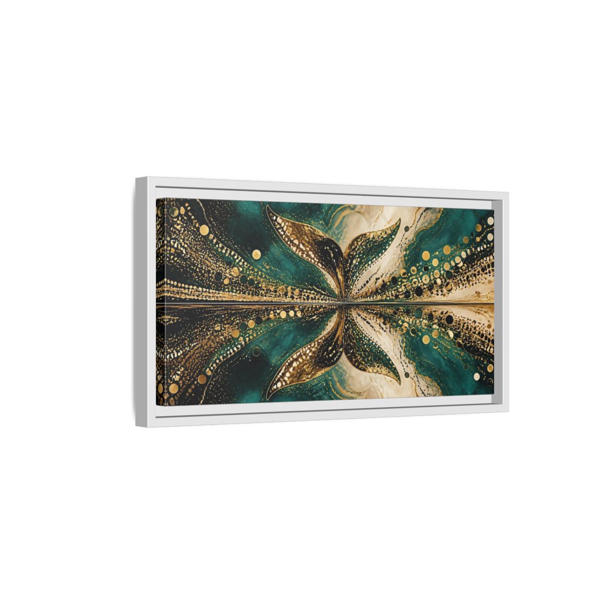 Side Mockup 6. Abstract Abstract Form Teal Gold Abstract shown as stretched canvas wall art