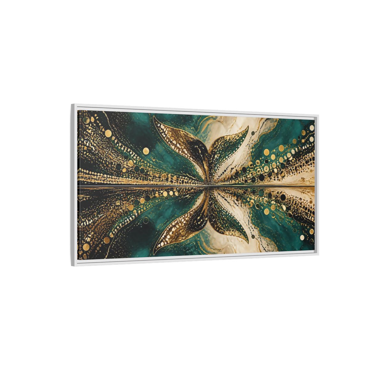 Side Mockup 3. Abstract Abstract Form Teal Gold Abstract shown as stretched canvas wall art