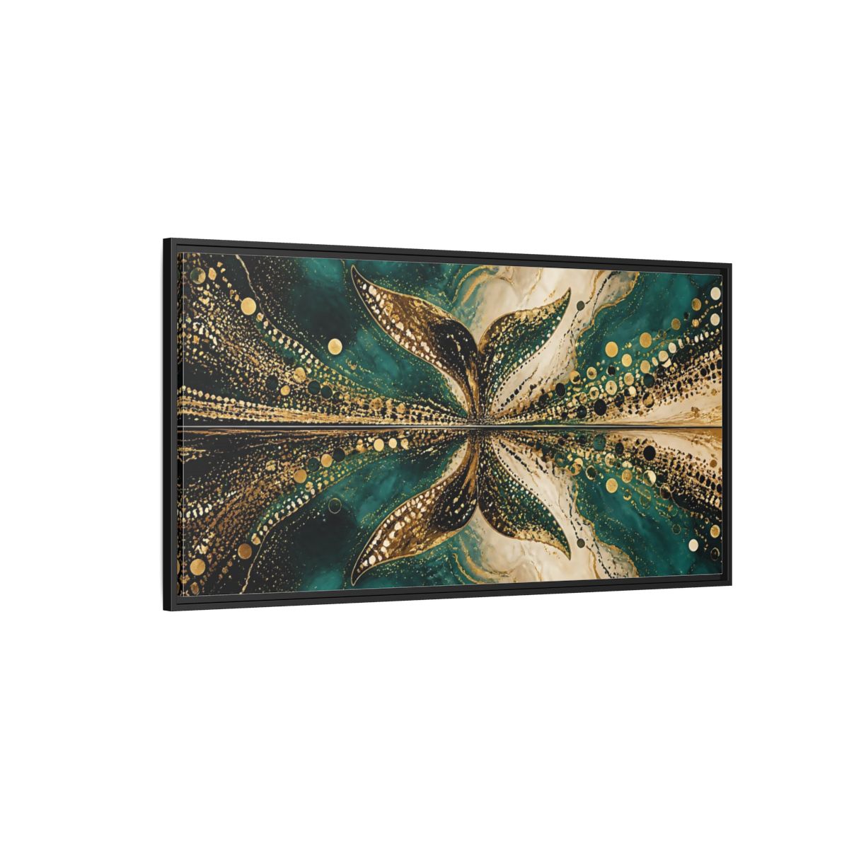 Side Mockup 5. Abstract Abstract Form Teal Gold Abstract shown as stretched canvas wall art