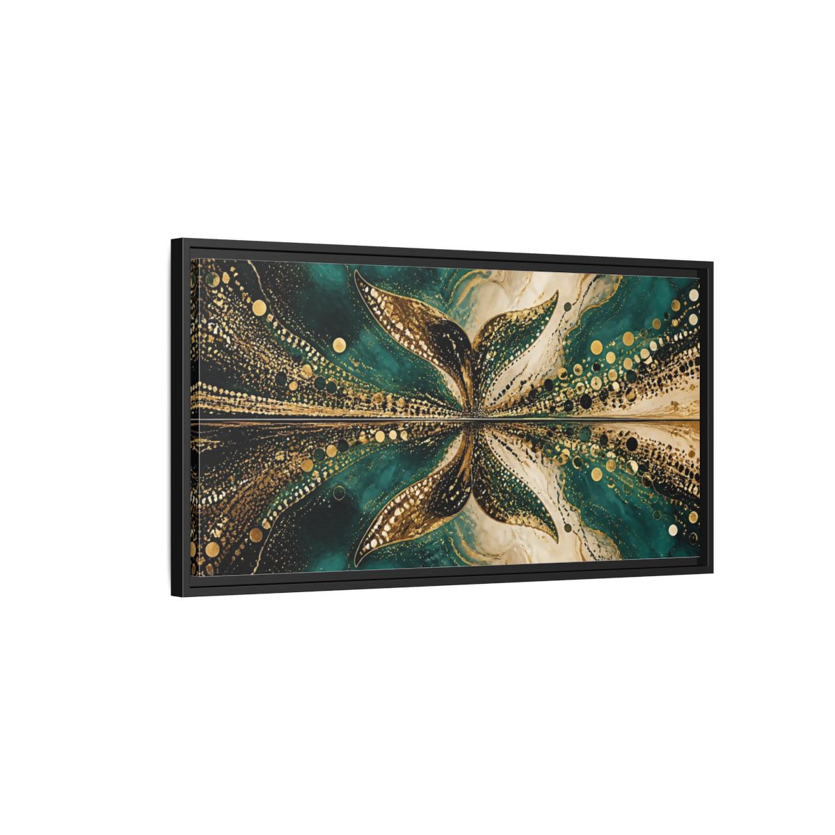 Side Mockup 2. Abstract Abstract Form Teal Gold Abstract shown as stretched canvas wall art