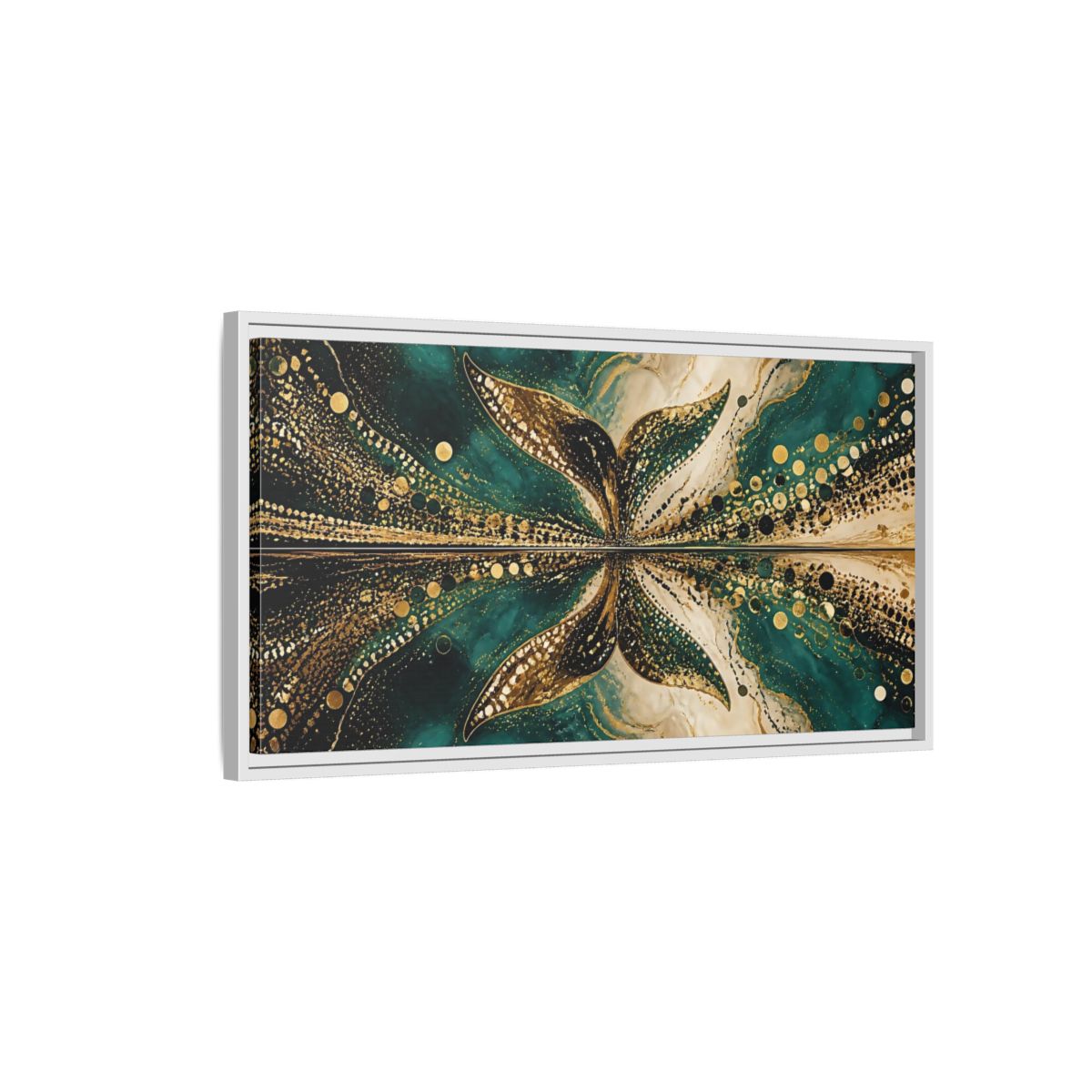 Side Mockup 1. Abstract Abstract Form Teal Gold Abstract shown as stretched canvas wall art