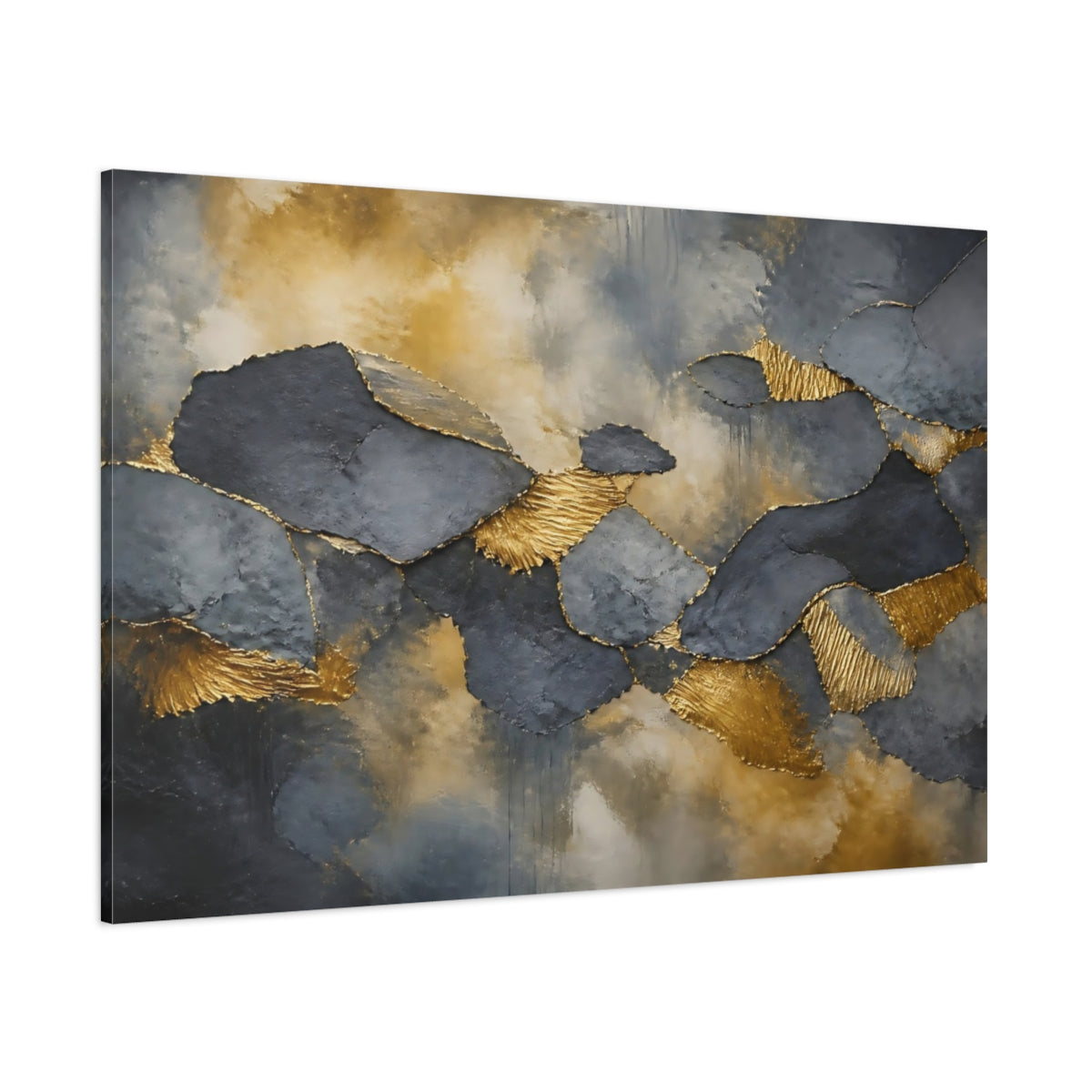 Side Mockup 1. Abstract Abstract Forms Gold And Grey shown as stretched canvas wall art