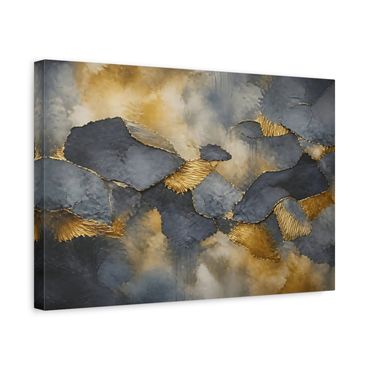Side Mockup 4. Abstract Abstract Forms Gold And Grey shown as stretched canvas wall art