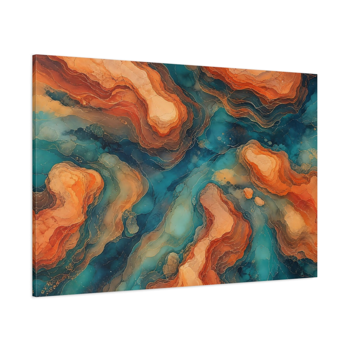 Side Mockup 1. Abstract Abstract Forms Orange Teal Abstract shown as stretched canvas wall art