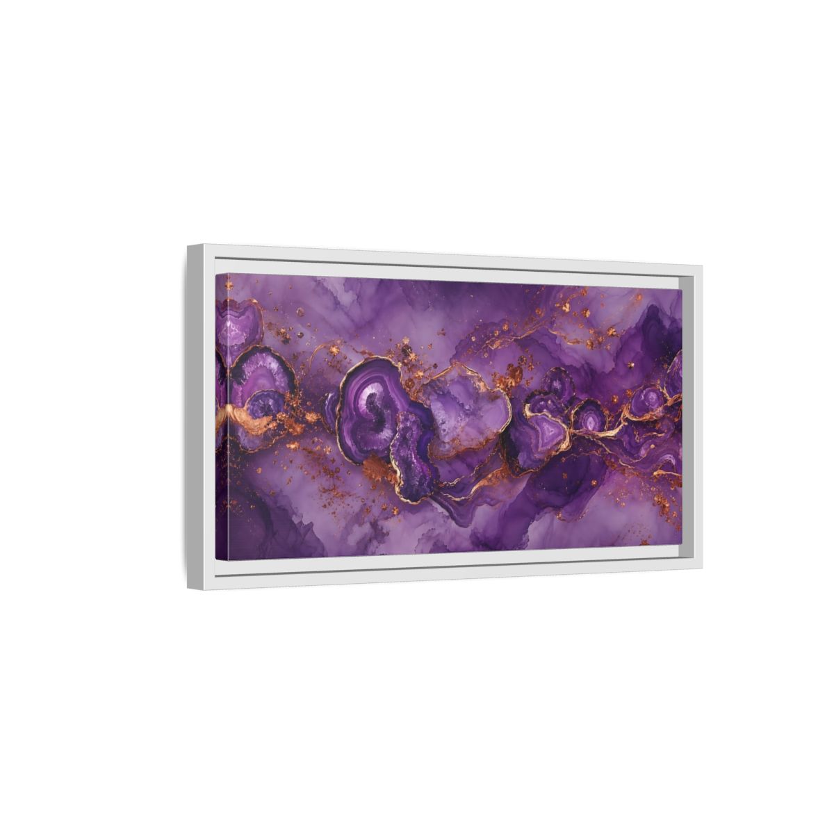 Side Mockup 6. Abstract Geode Purple And Gold shown as stretched canvas wall art