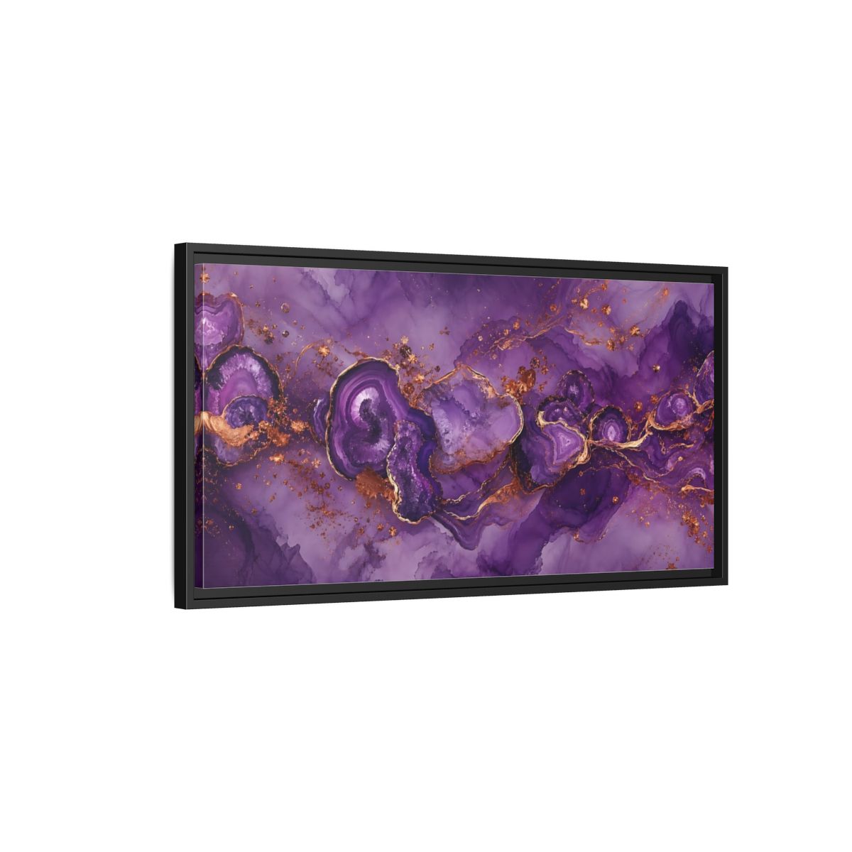 Side Mockup 2. Abstract Geode Purple And Gold shown as stretched canvas wall art