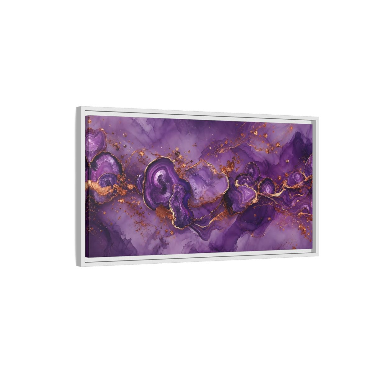 Side Mockup 1. Abstract Geode Purple And Gold shown as stretched canvas wall art