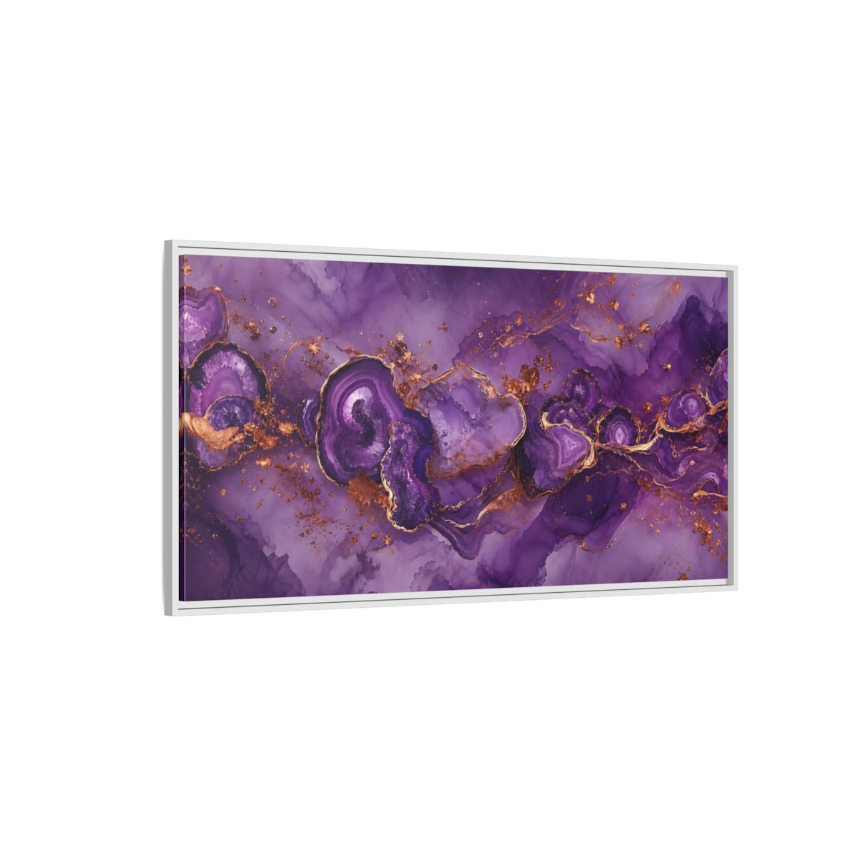 Side Mockup 3. Abstract Geode Purple And Gold shown as stretched canvas wall art