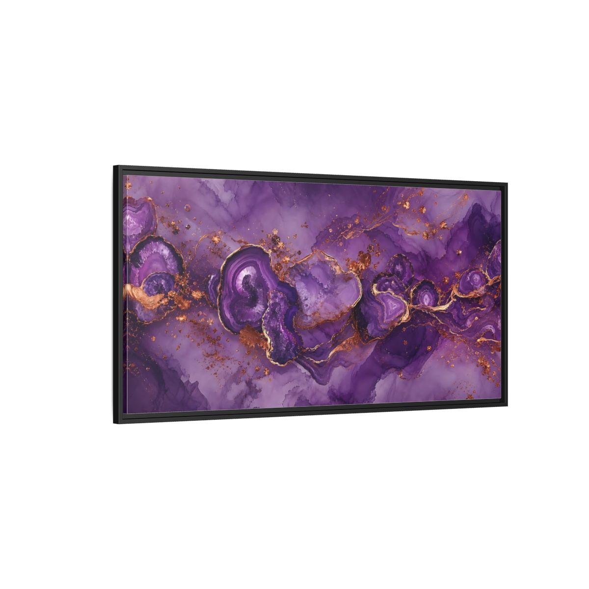 Side Mockup 5. Abstract Geode Purple And Gold shown as stretched canvas wall art