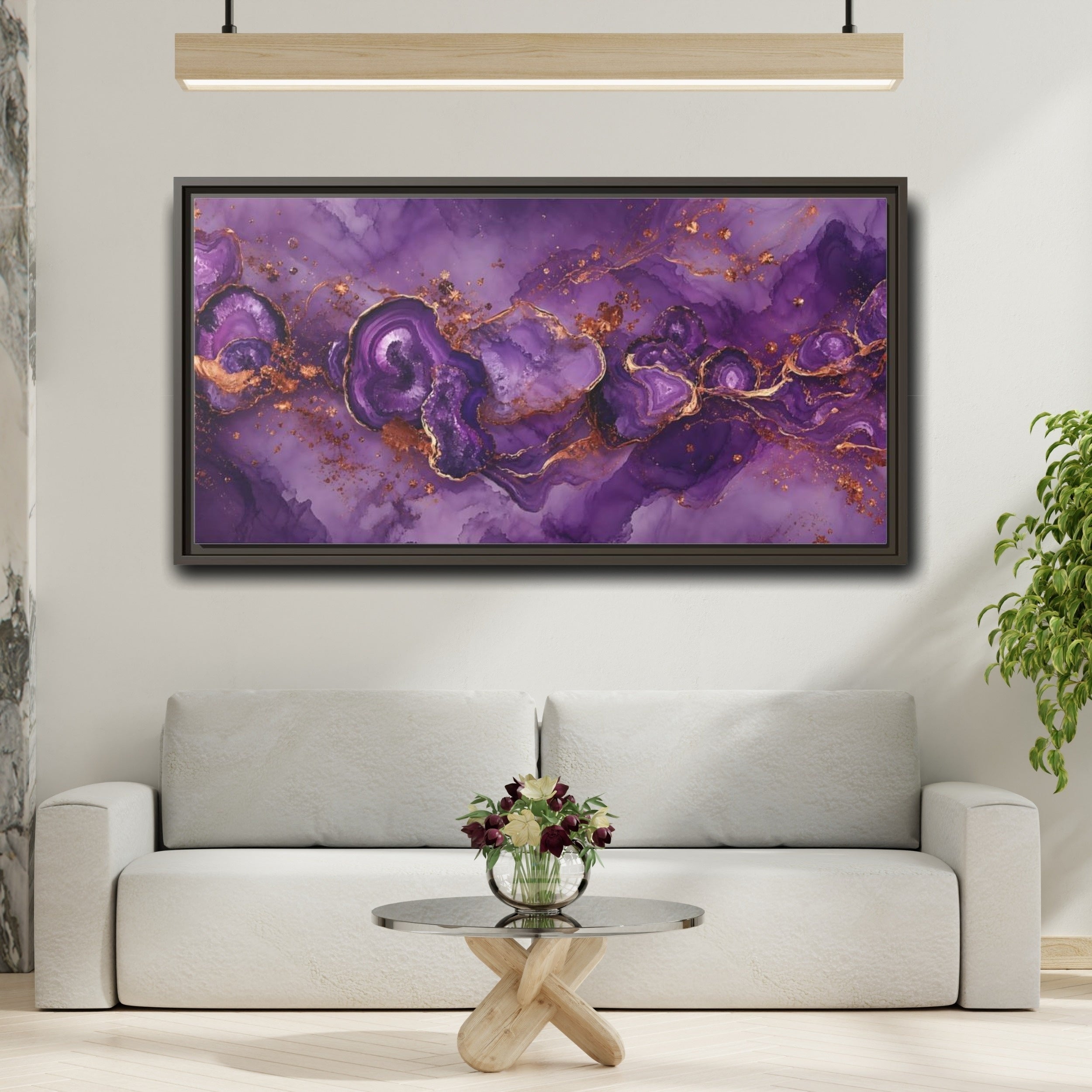 Mockup 2. Abstract Geode Purple And Gold shown as stretched canvas wall art