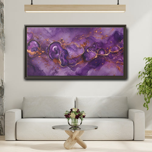 Mockup 2. Abstract Geode Purple And Gold shown as stretched canvas wall art