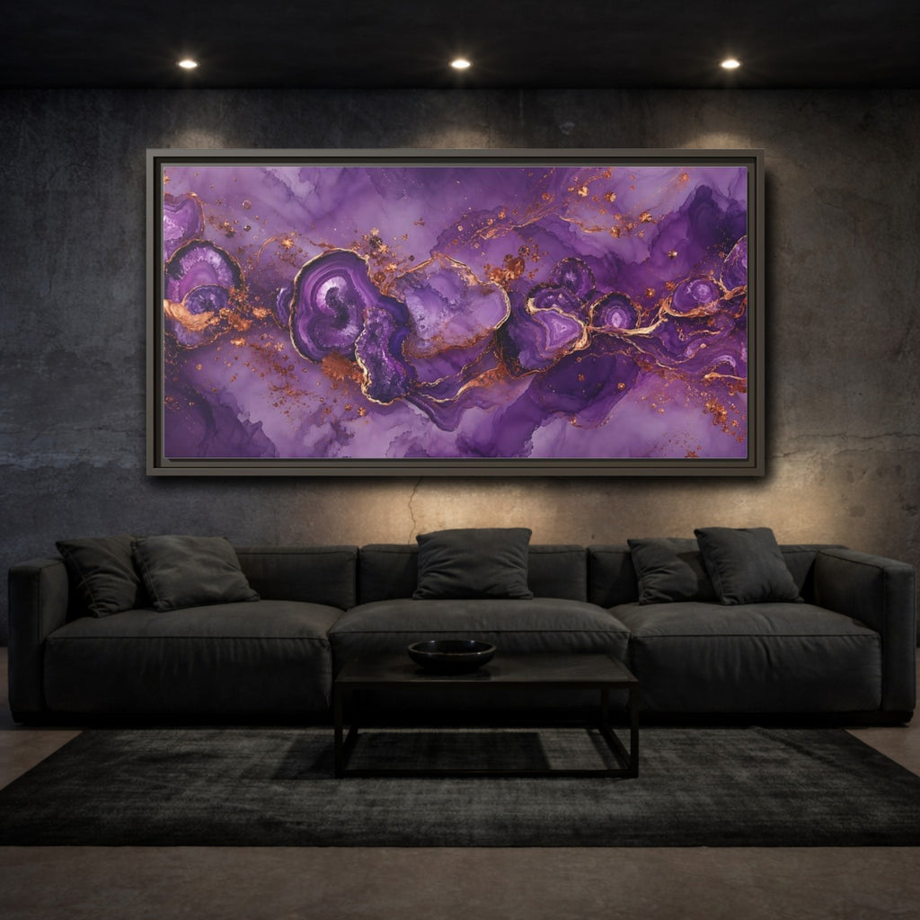 Mockup 3. Abstract Geode Purple And Gold shown as stretched canvas wall art