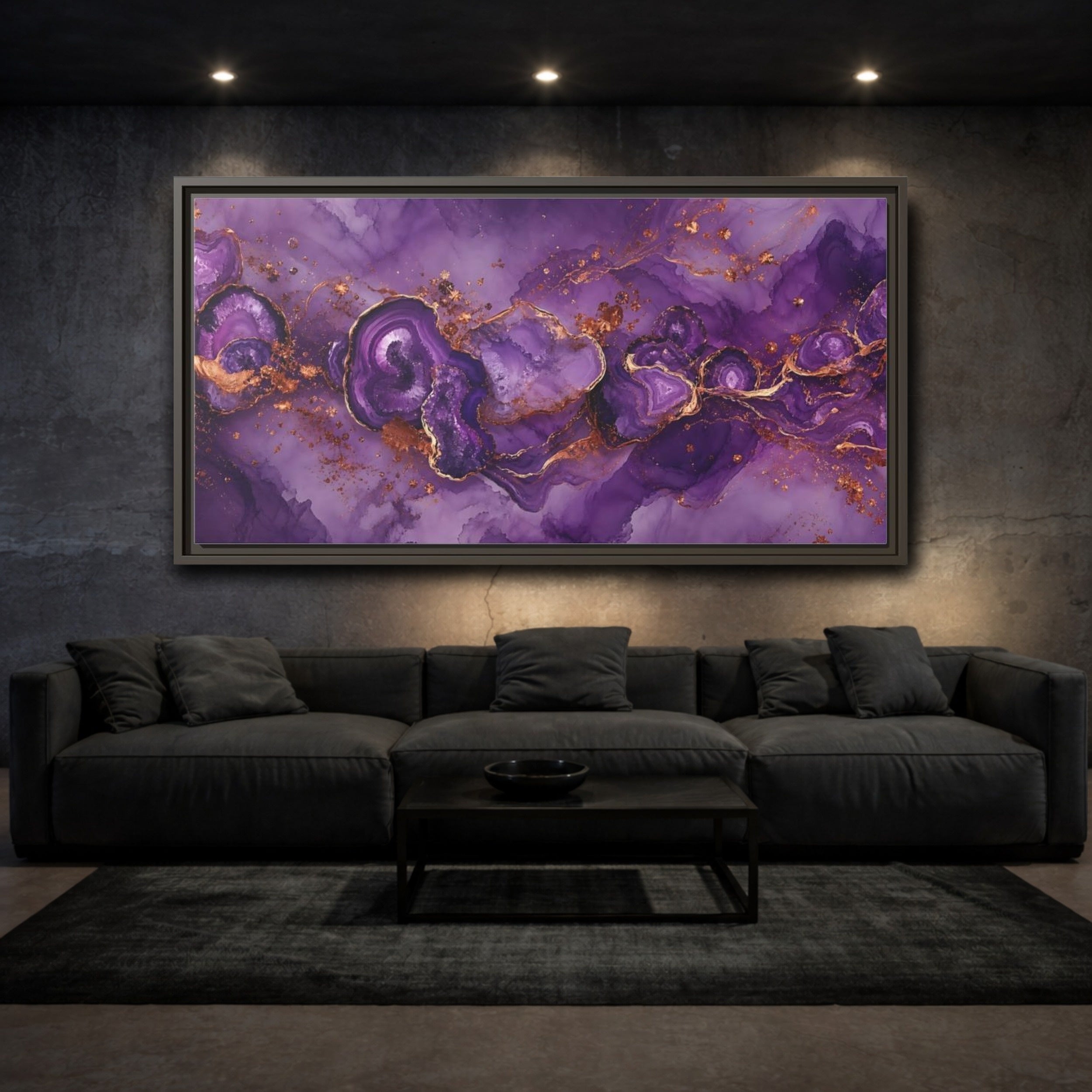 Mockup 3. Abstract Geode Purple And Gold shown as stretched canvas wall art