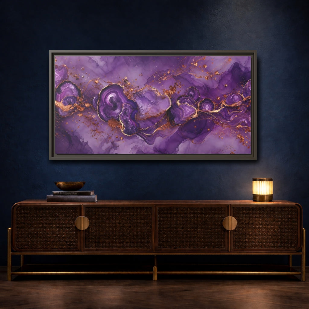 Mockup 4. Abstract Geode Purple And Gold shown as stretched canvas wall art