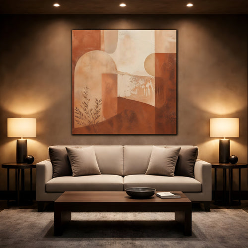 Mockup 2. Abstract Geometric Abstract Terracotta Abstract shown as stretched canvas wall art