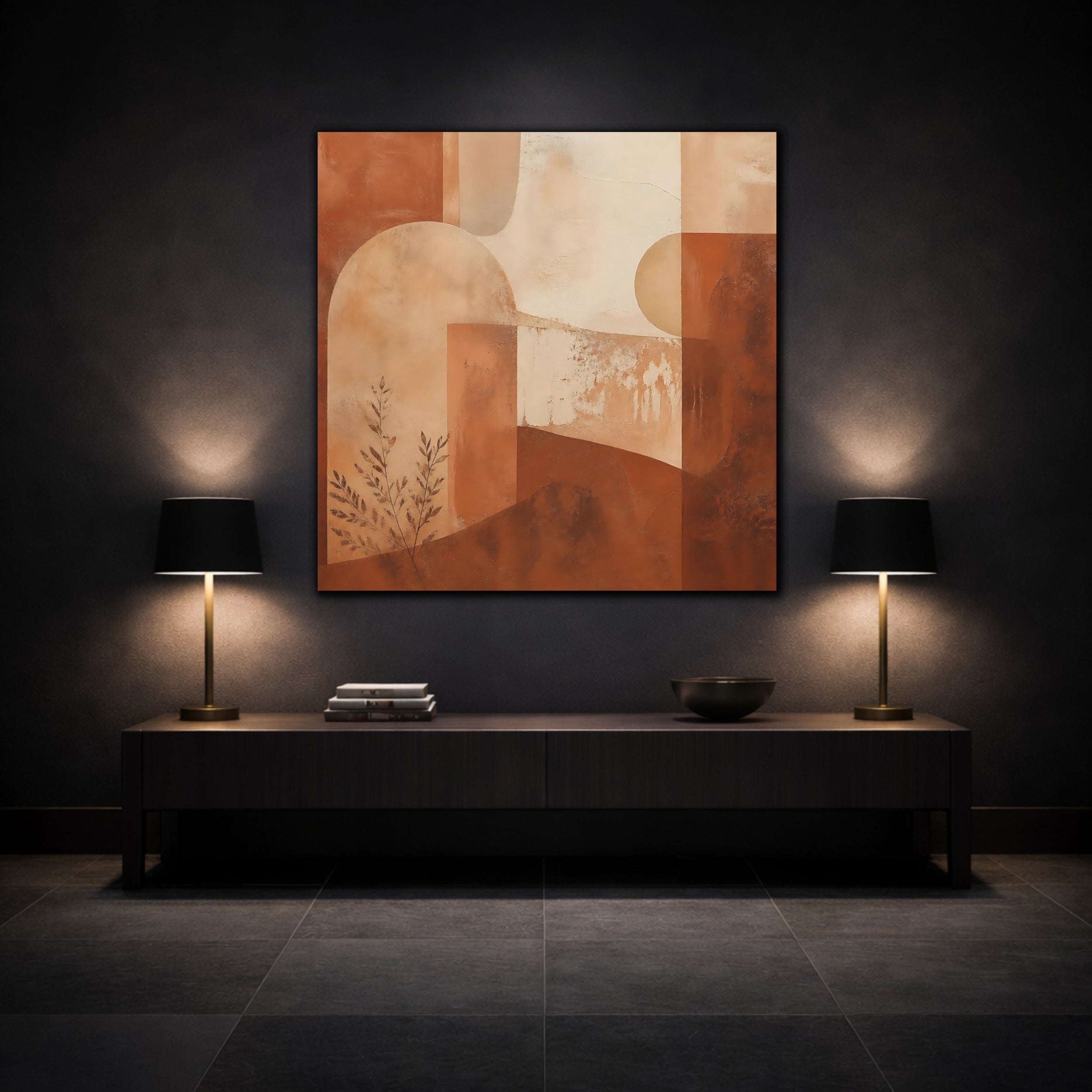 Mockup 3. Abstract Geometric Abstract Terracotta Abstract shown as stretched canvas wall art