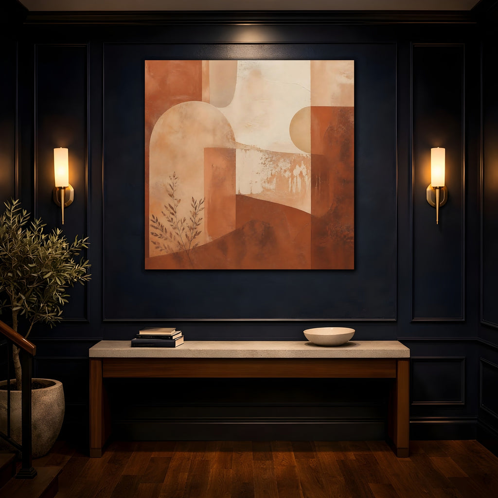 Mockup 4. Abstract Geometric Abstract Terracotta Abstract shown as stretched canvas wall art