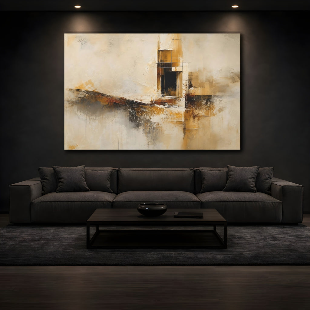 Mockup 3. Abstract Geometric Forms Abstract Gold Black Art shown as stretched canvas wall art