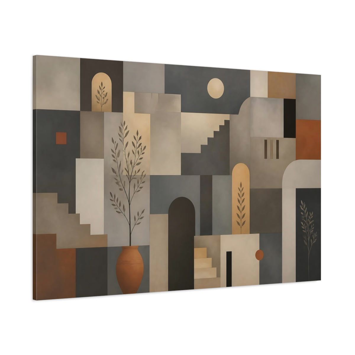 Side Mockup 1. Abstract Geometric Forms Earthy Geometric Art shown as stretched canvas wall art
