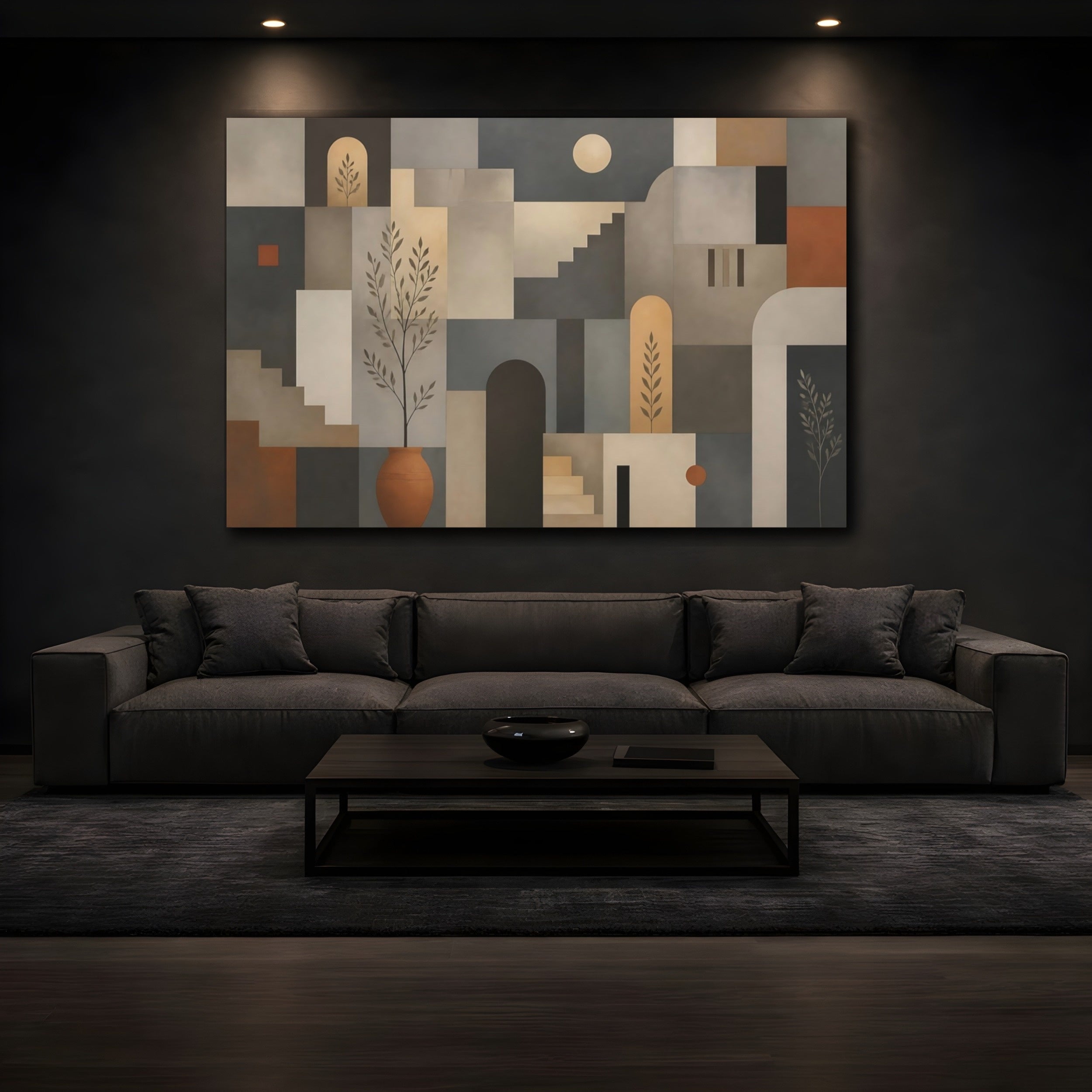 Mockup 3. Abstract Geometric Forms Earthy Geometric Art shown as stretched canvas wall art