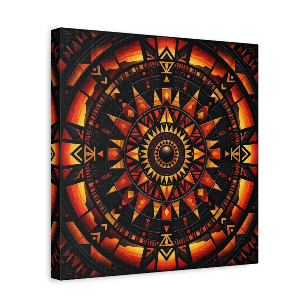 Side Mockup 7. Abstract Geometric Mandala Orange Black Mandala shown as stretched canvas wall art