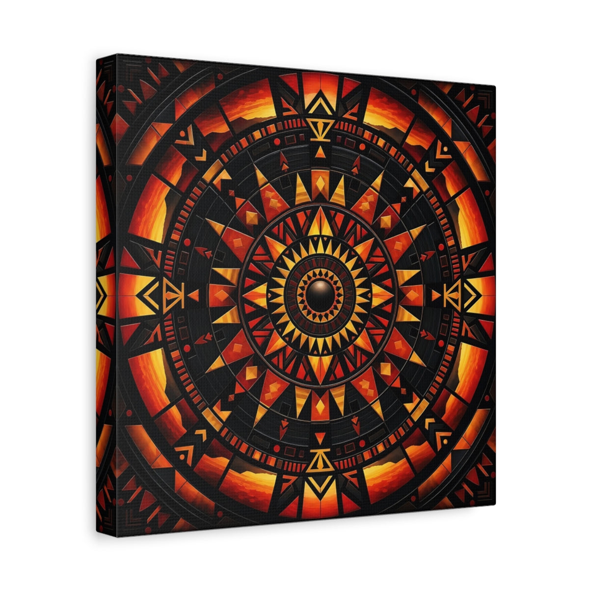 Side Mockup 8. Abstract Geometric Mandala Orange Black Mandala shown as stretched canvas wall art