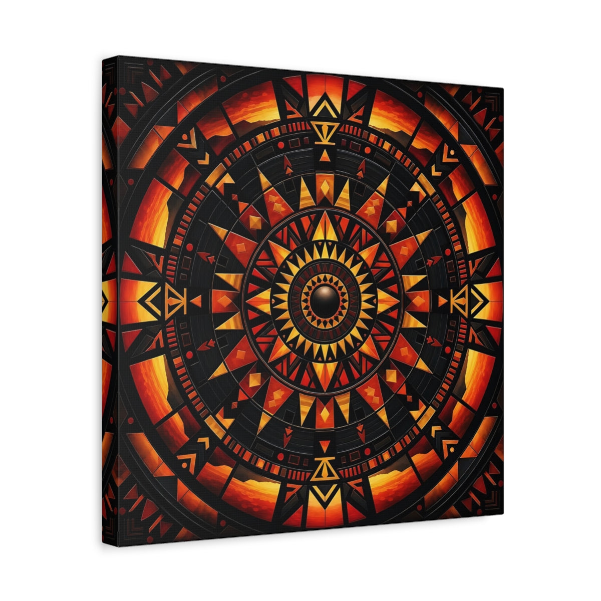 Side Mockup 6. Abstract Geometric Mandala Orange Black Mandala shown as stretched canvas wall art