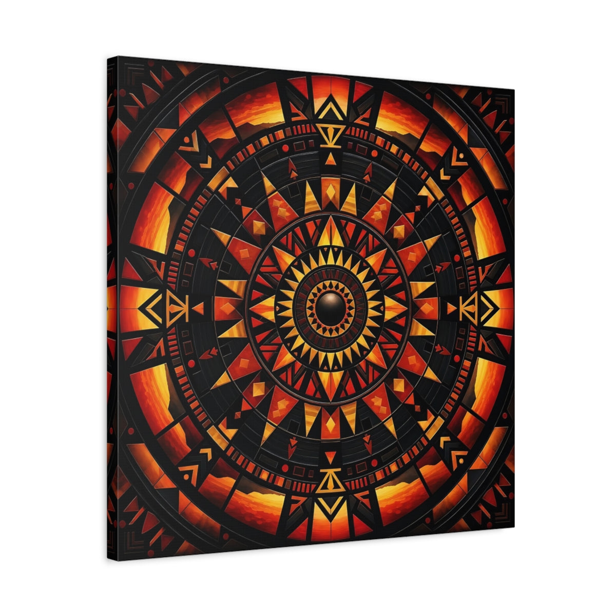 Side Mockup 4. Abstract Geometric Mandala Orange Black Mandala shown as stretched canvas wall art